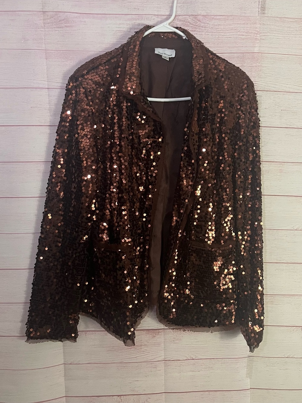 John Rivers Elegant Brown Chiffon Edging Sequin One Front Blazer Size‎ Large